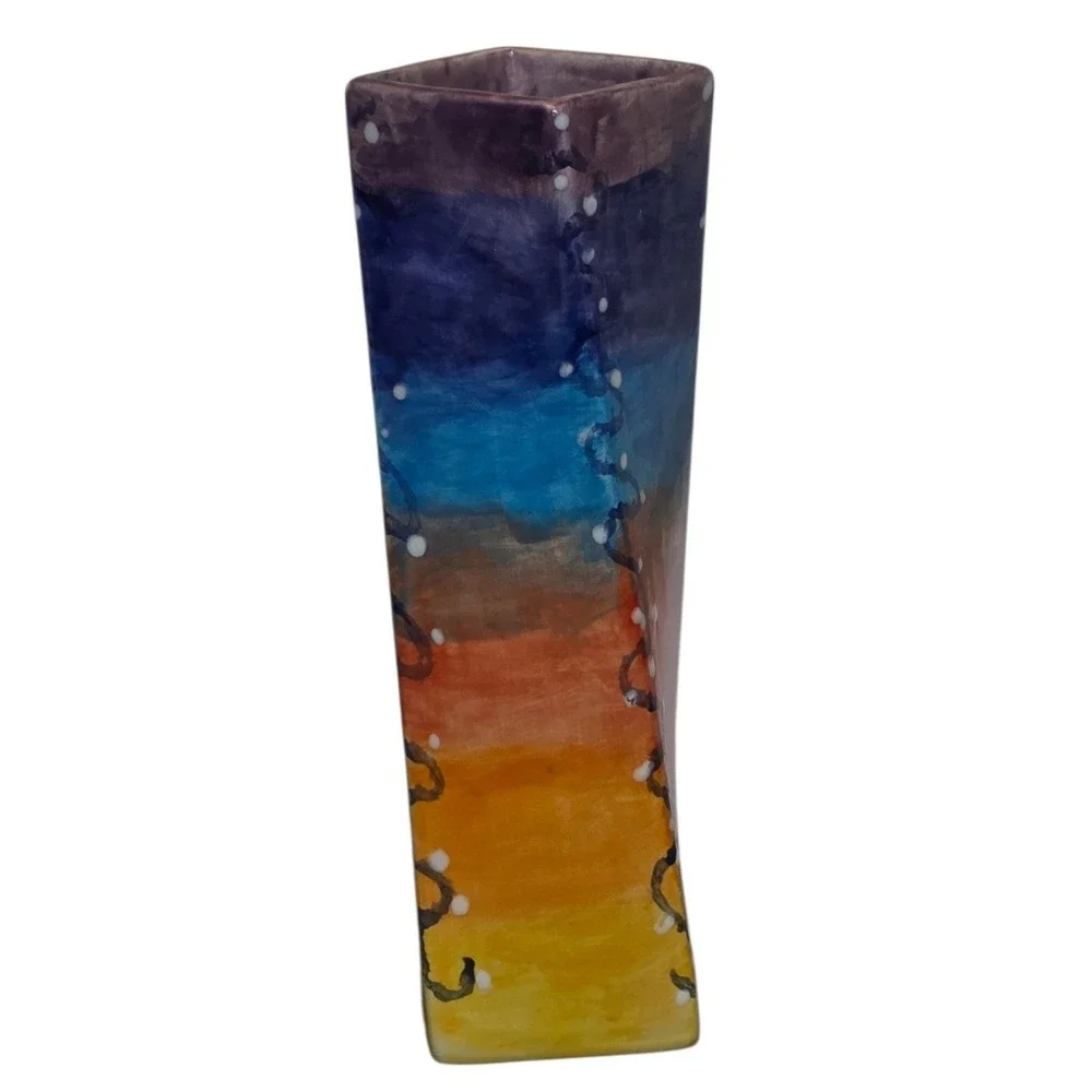 Hand Made Ceramic Twisted Rainbow Vase Artisan Studio Pottery Signed 2014 9.5in